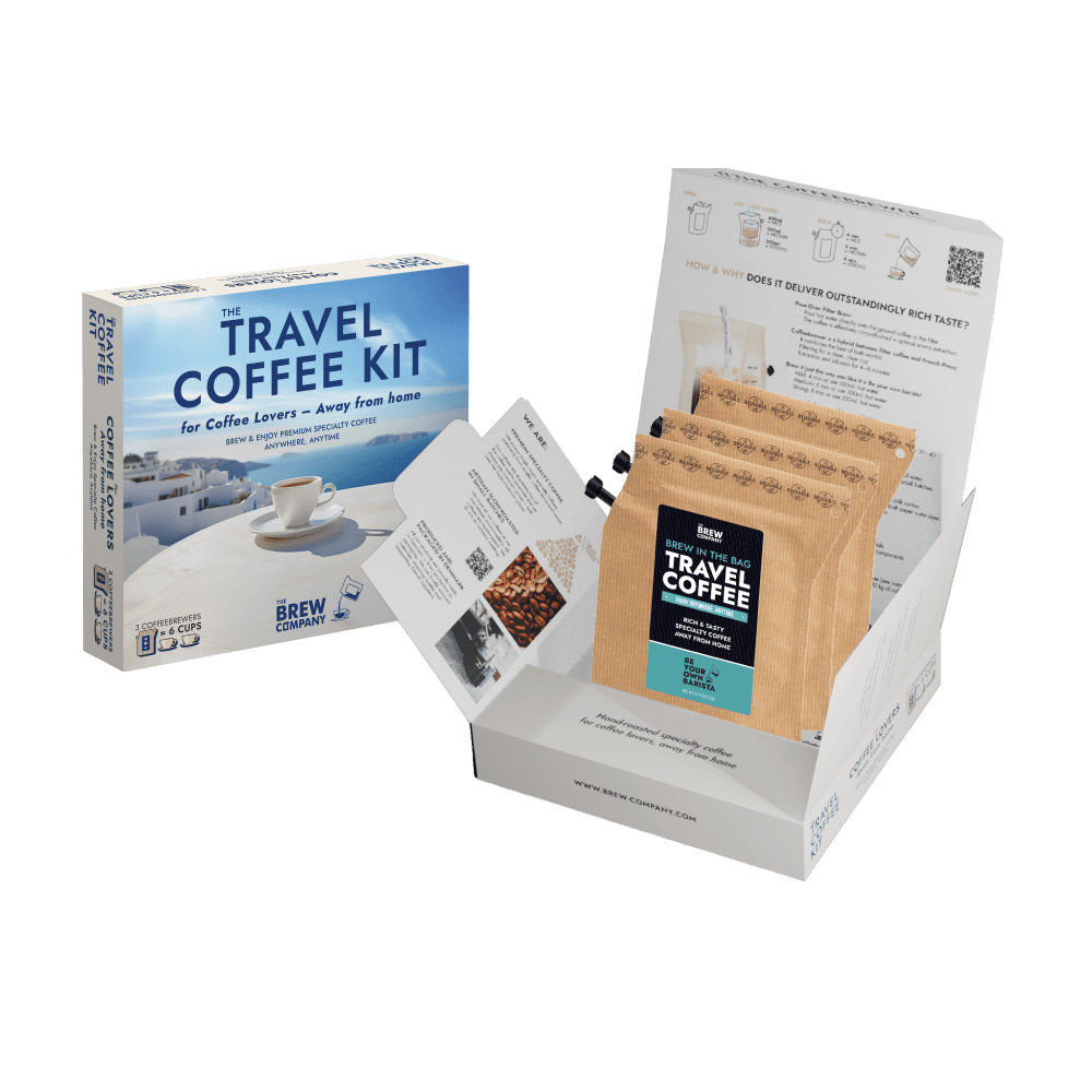 THE TRAVEL COFFEE KIT - gaveæske med 3 stk. kaffe – til kaffeelskere - The Brew Company