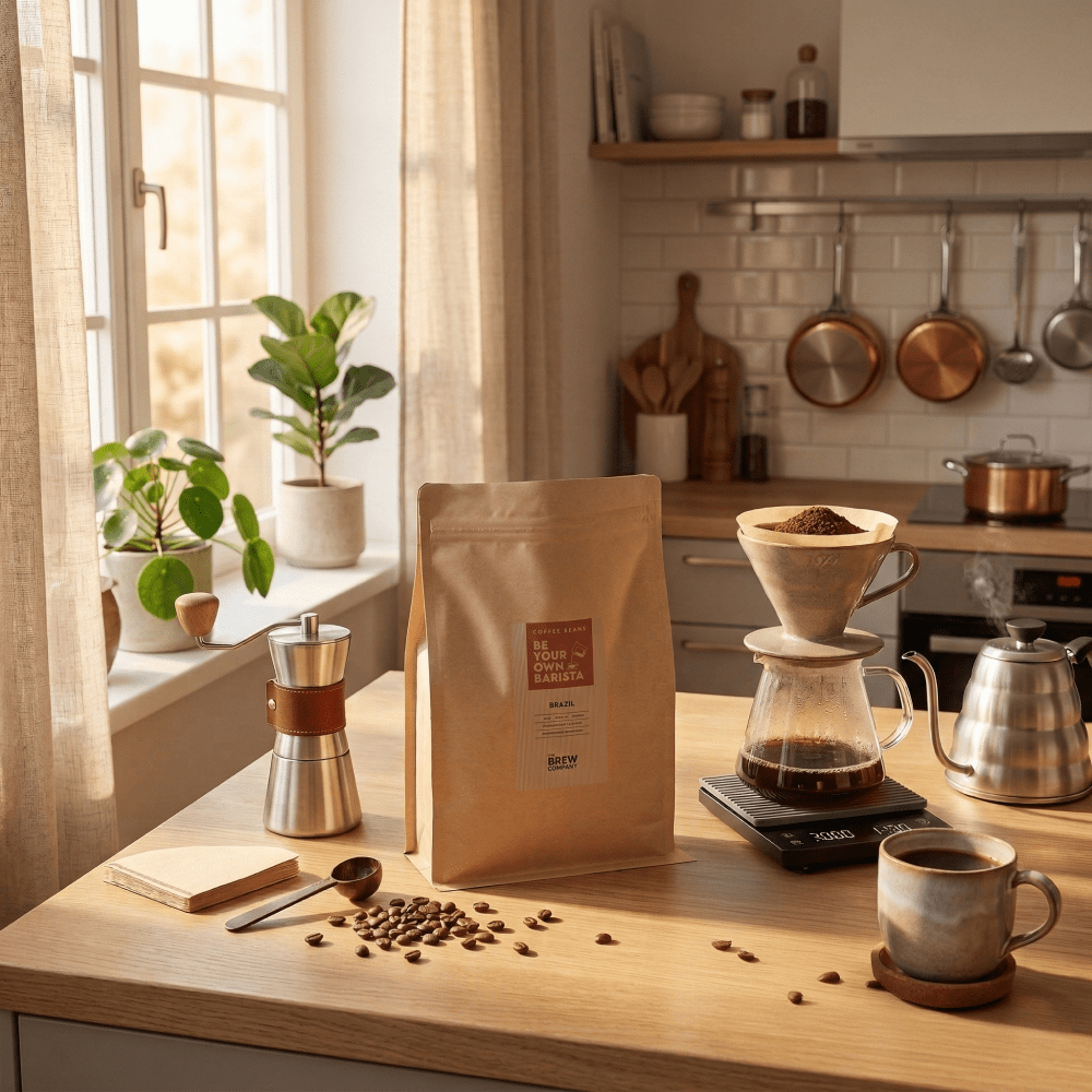 Køkkenbord med kaffeopsætning, inklusive en pose kaffe, kværn og kop – The Brew Company